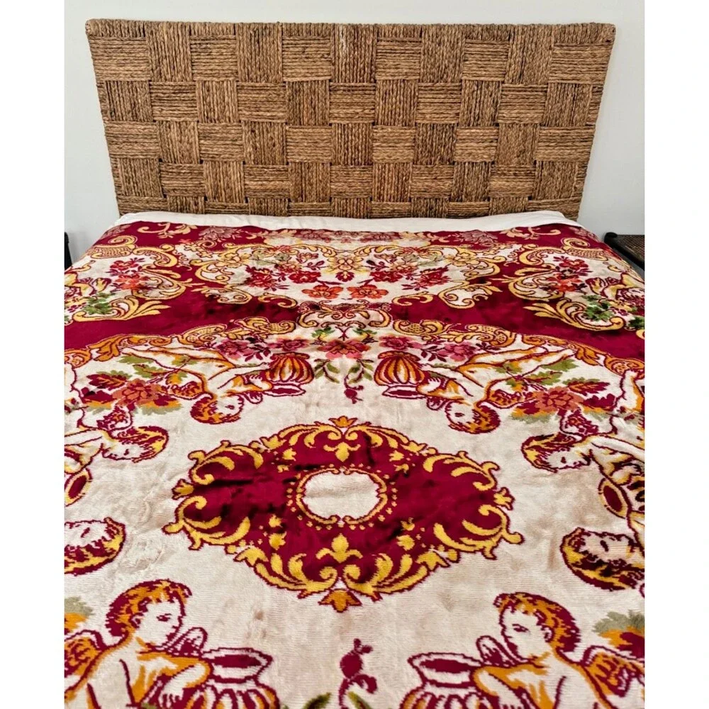 Vtg Velvet Italian Wedding Bedspread QUEEN Cherubs Red Cream 84x96” Fringe MINT